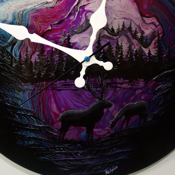 Hand Crafted Deer Silhouette Mountain Clock Original Painting Wall Art Essential - Picture 2 of 10